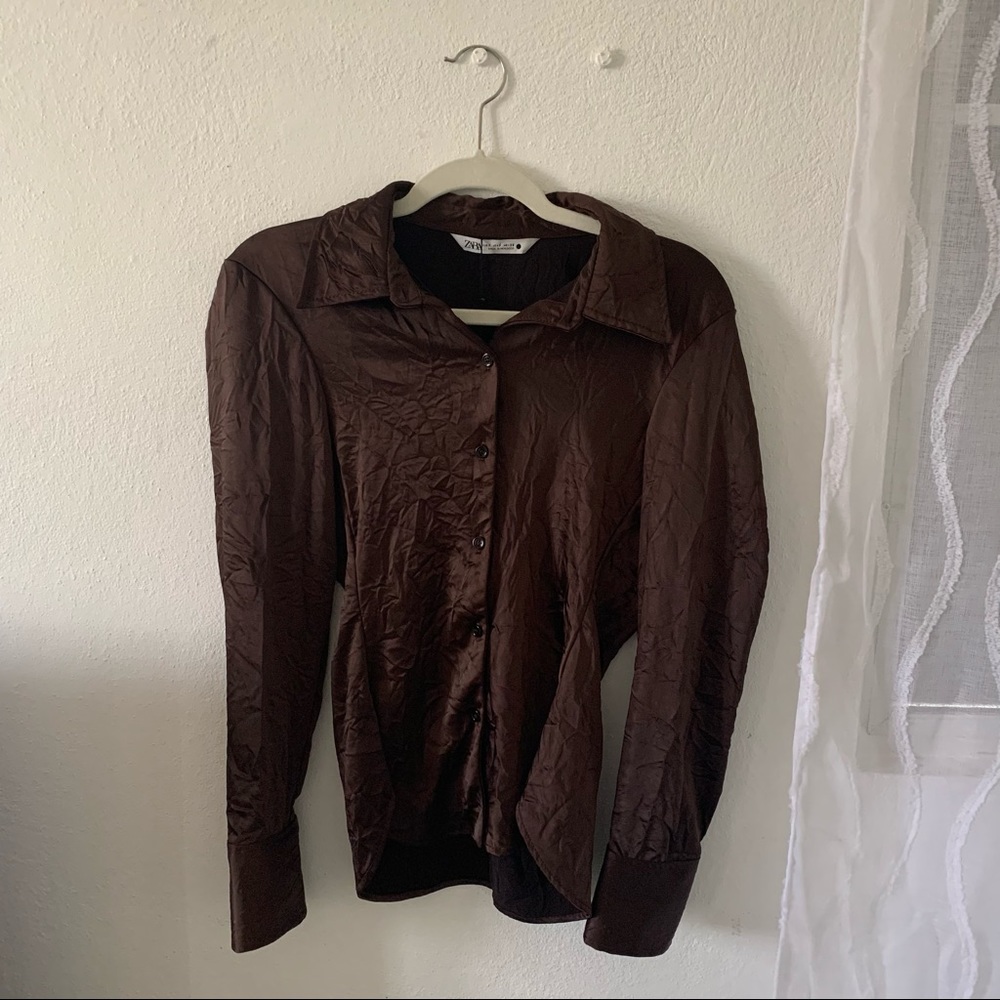Brown button up brown satin like shirt